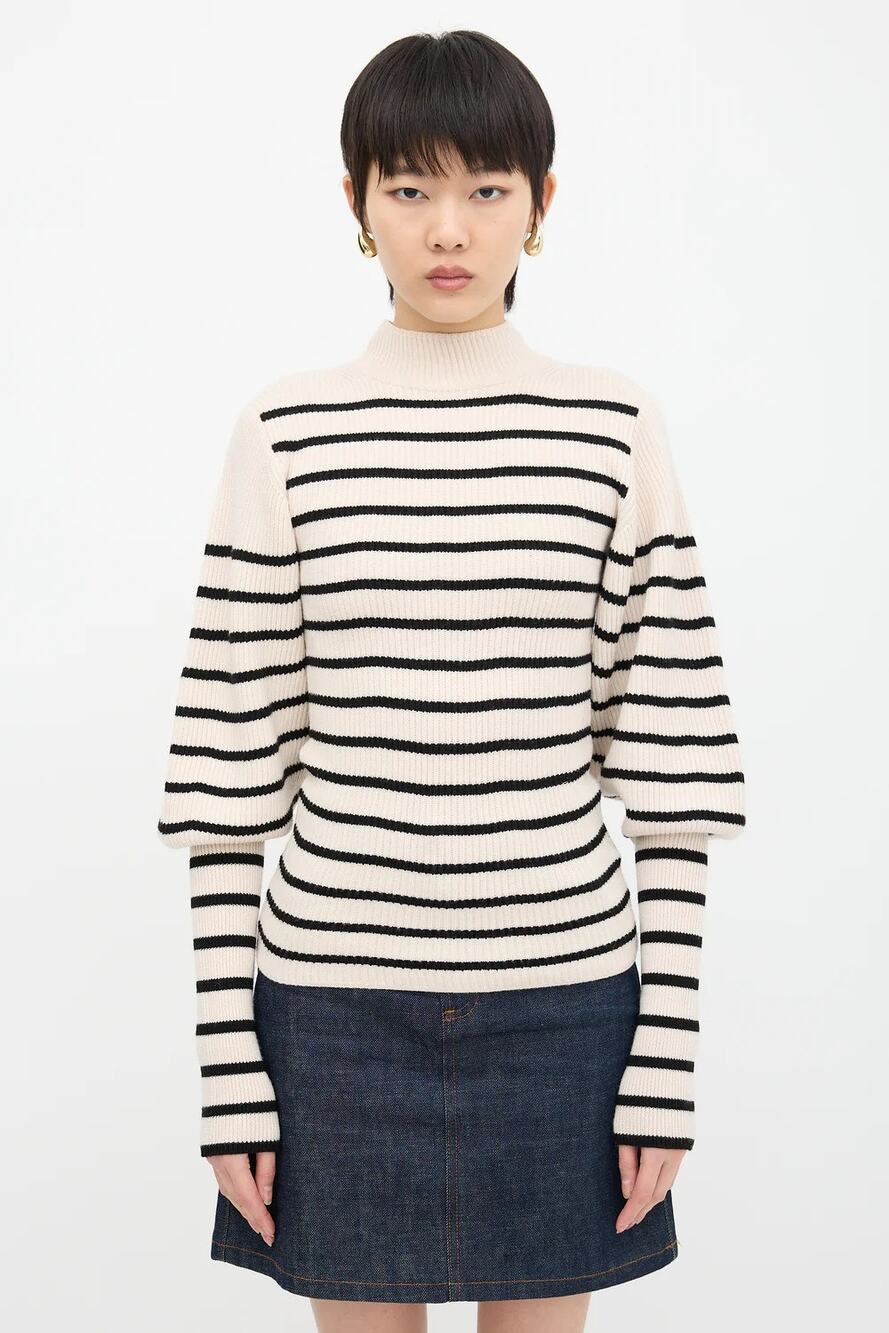 Khaite READ Size XS Cream Black Joanne Stripe Puff Sleeve Sweater Wool S1-5